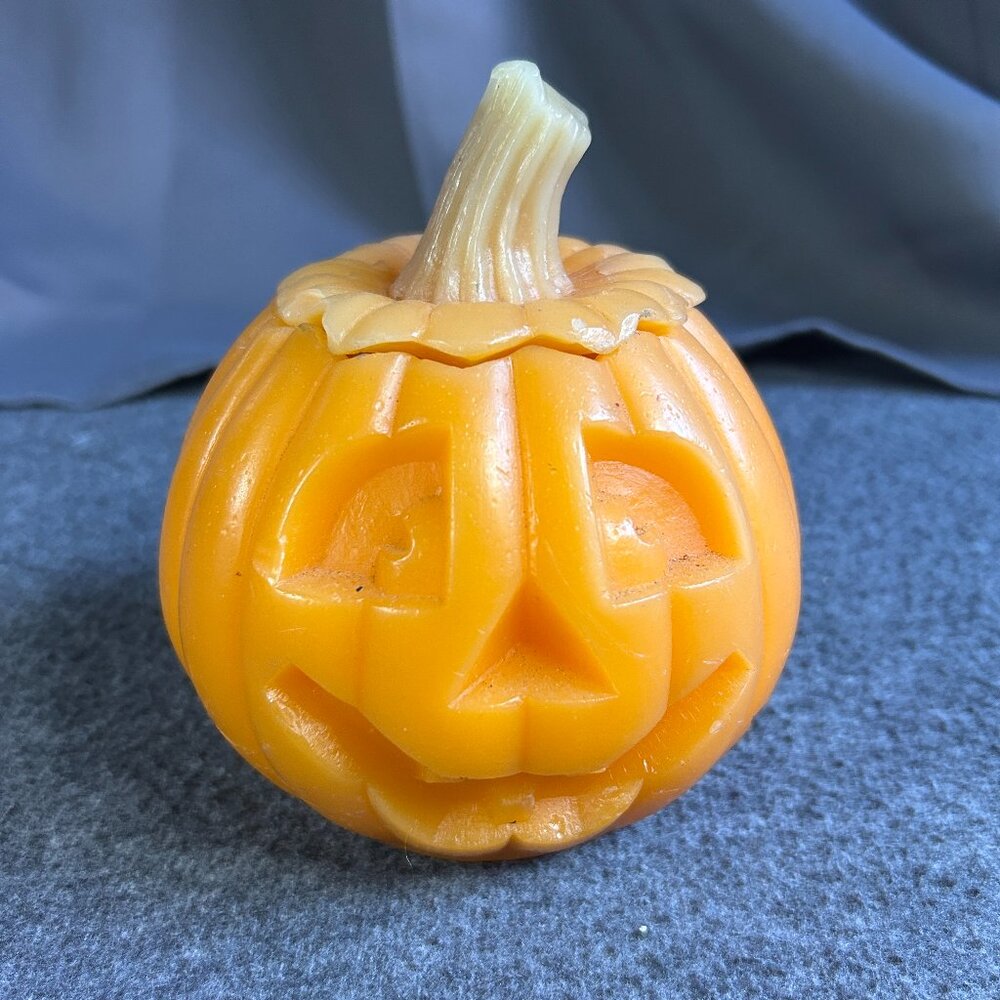 Halloween Jack o Lantern Wax Pumpkin Candle Lantern With Lid 5.5" Vintage
